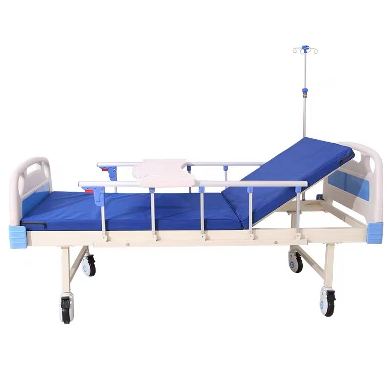 ABS single-function hospital bed + mattress + guardrail + dining board + wheels + infusion stand