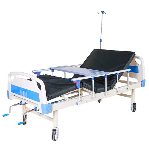 [CCF-JFPB-10] Cama de hospital de doble función ABS + colchón + barandilla + tabla de comedor + ruedas + soporte para infusiones